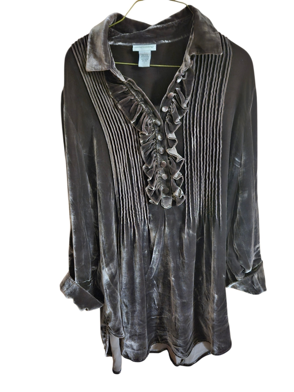 Soft Surroundings BROWN Velvet Ruffle Pintuck Tunic L
